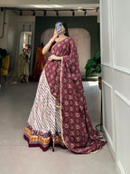 Lorenvalley White And Purple Pure Cotton Leheriya With Patola Print Lehenga Choli With Dupatta