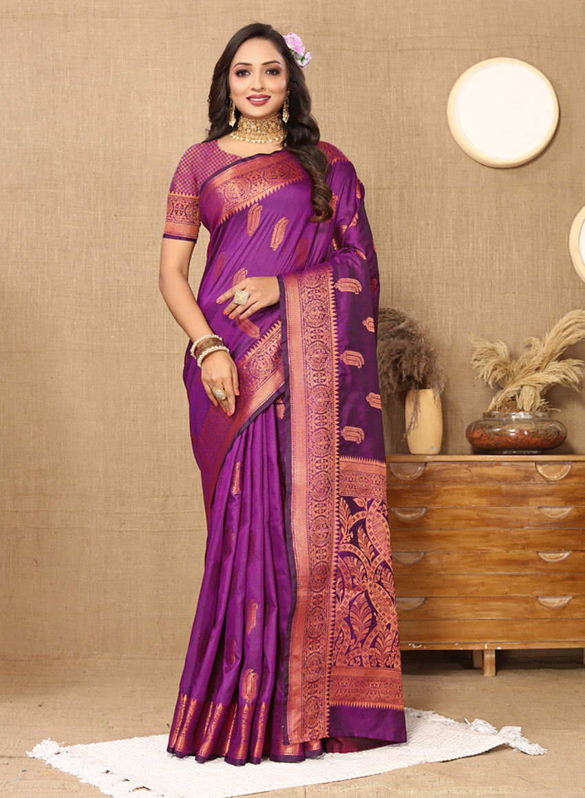 Lorenvalley Fashion Purple Soft Katan Silk Woven Design Copper Zari Weaving Saree