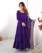 Lorenvalley Women Pure Roman silk Chanderi Fabric Layer Gathering Anarkali Kurta Pant With Dupatta Set