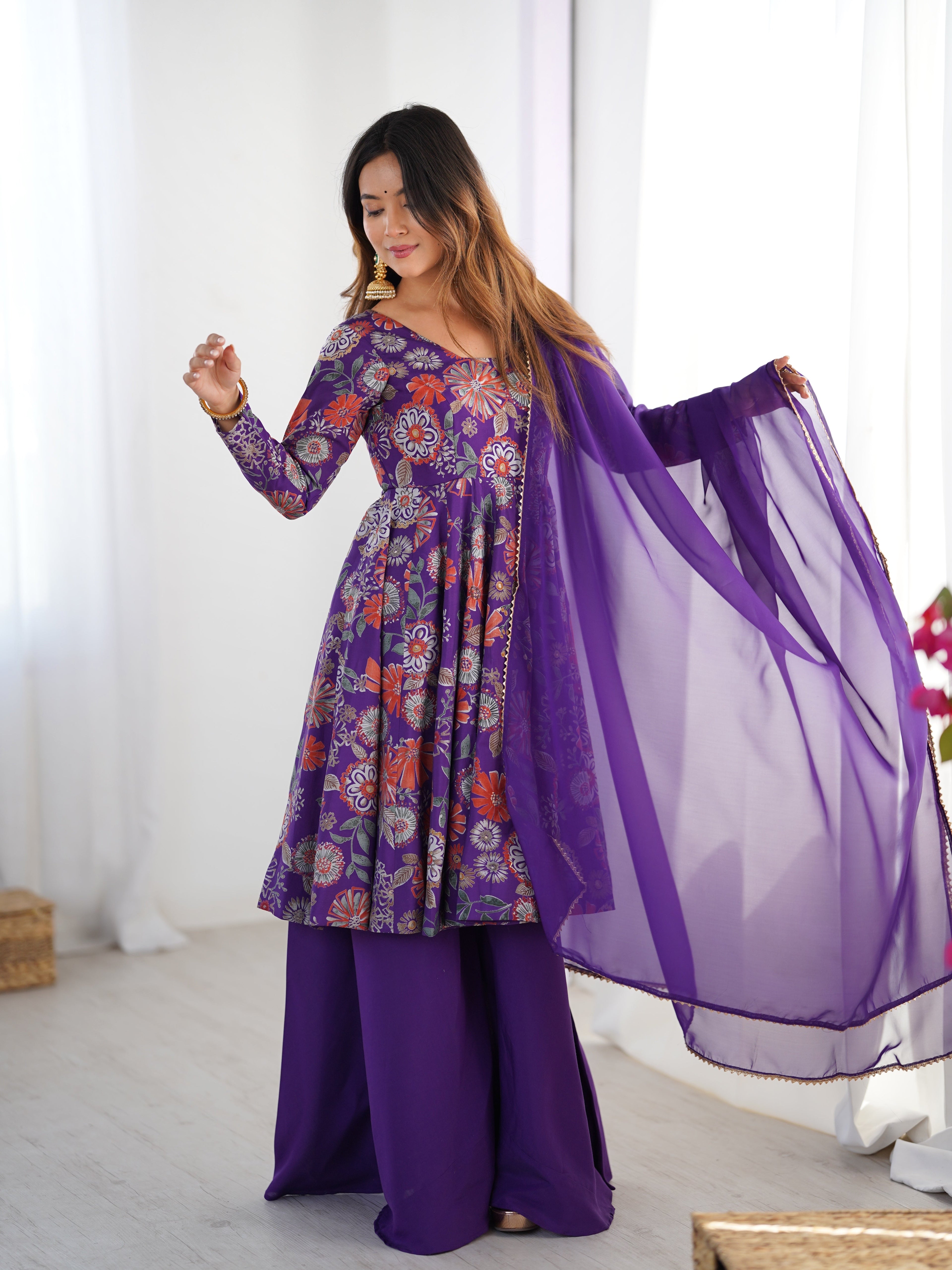 Lorenvalley Women Pure Soft Roman silk Chanderi Discharge Print Fabric Kediya Kurta Palazzo with Dupatta Set