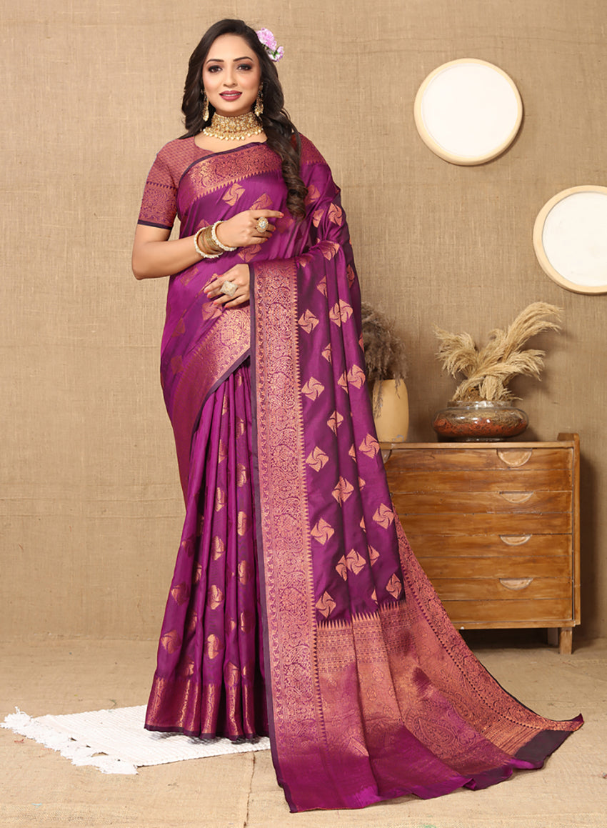 Lorenvalley Fashion Purple Soft Katan Silk Woven Design Copper Zari Weaving Saree