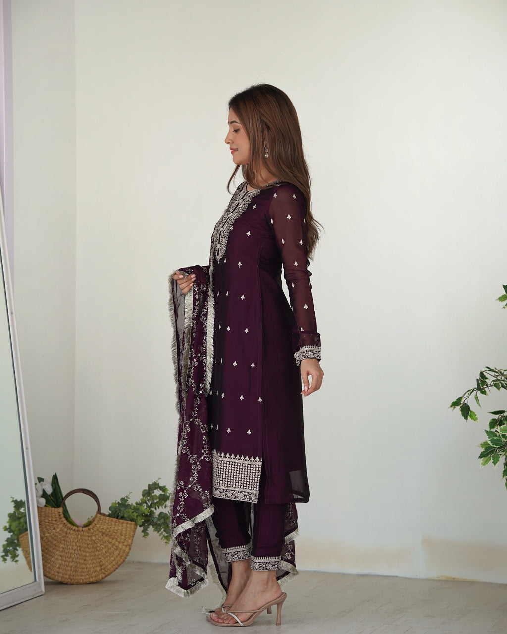 Lorenvalley Wine Rangoli Silk Embroidery Sequence And Thread Work Kurta Trousers with Dupatta Set
