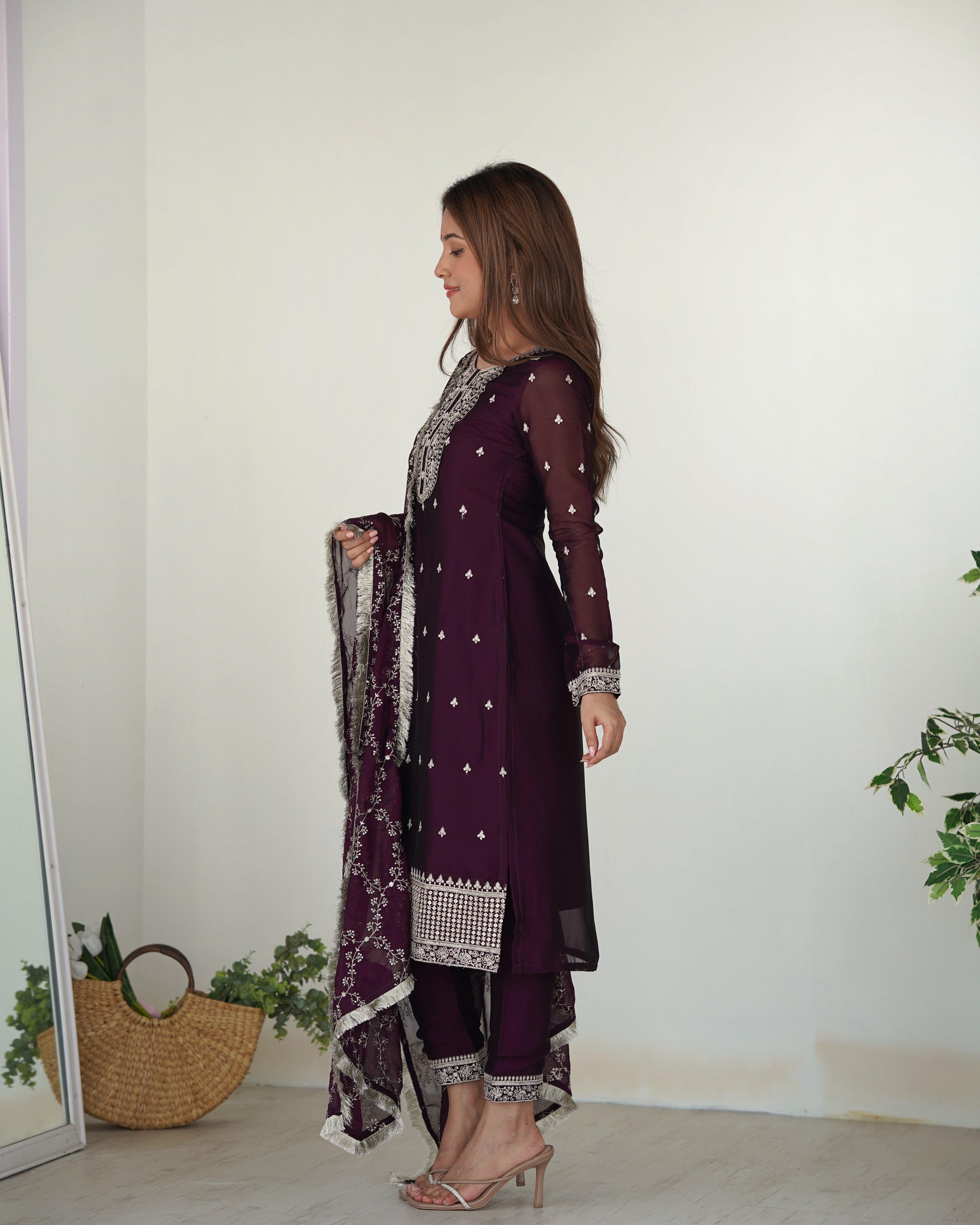 Lorenvalley Wine Rangoli Silk Embroidery Sequence And Thread Work Kurta Trousers with Dupatta Set