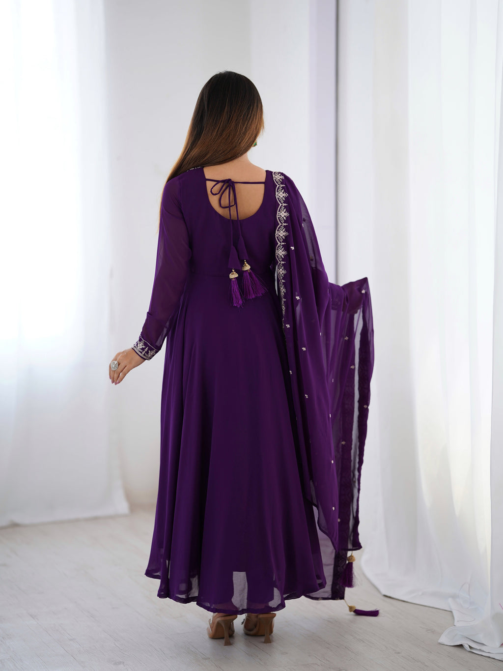 Lorenvalley Purple Faux Georgette Fancy Embroidery Beads And Jari Work Anarkali Kurta Palazzo With Dupatta Set