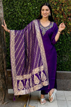 Lorenvalley Fashion Purple Roman Silk Hand Work Kurta Pant with Dupatta - Distacart