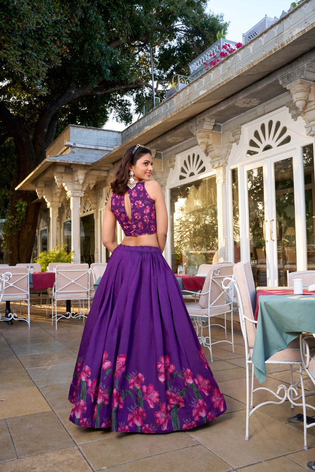 Lorenvalley Purple Tussar Silk Floral Print With Foil Work Lehenga Choli with Dupatta