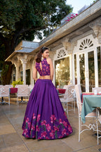Lorenvalley Purple Tussar Silk Floral Print With Foil Work Lehenga Choli with Dupatta