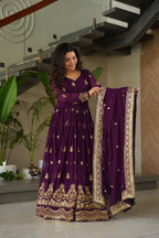 Lorenvalley Fashion Purple Faux Georgette with Zari & Sequins Embroidered Work Anarkali Gown with Dupatta - Distacart