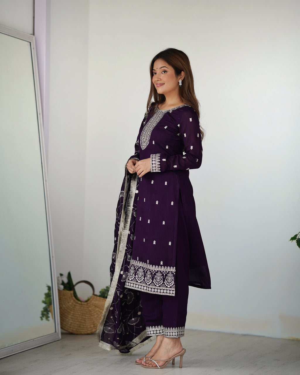 Lorenvalley Purple Rangoli Silk Embroidery Sequence and Jari Work Kurta Trousers with Dupatta Set - Distacart