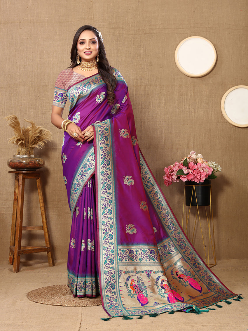 Lorenvalley Fashion Purple Soft Paithani Silk Woven Design Rich Meenakari Zari Weaving Pallu Saree
