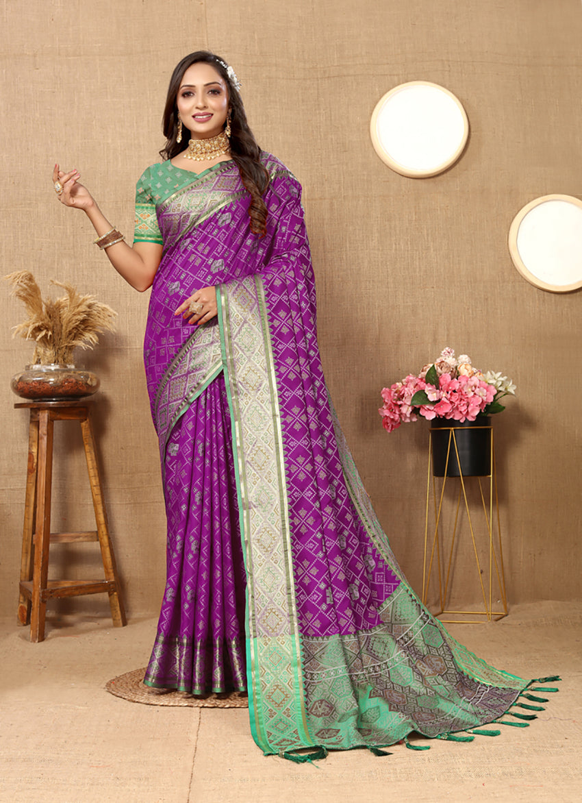 Lorenvalley Fashion Purple Patola Silk Woven Design with Zari Meenakari Weaving motifs Pallu Saree