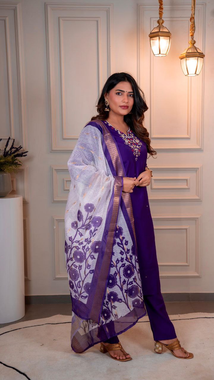 Lorenvalley Fashion Purple Roman Silk Hand Work Kurta Pant with Dupatta - Distacart