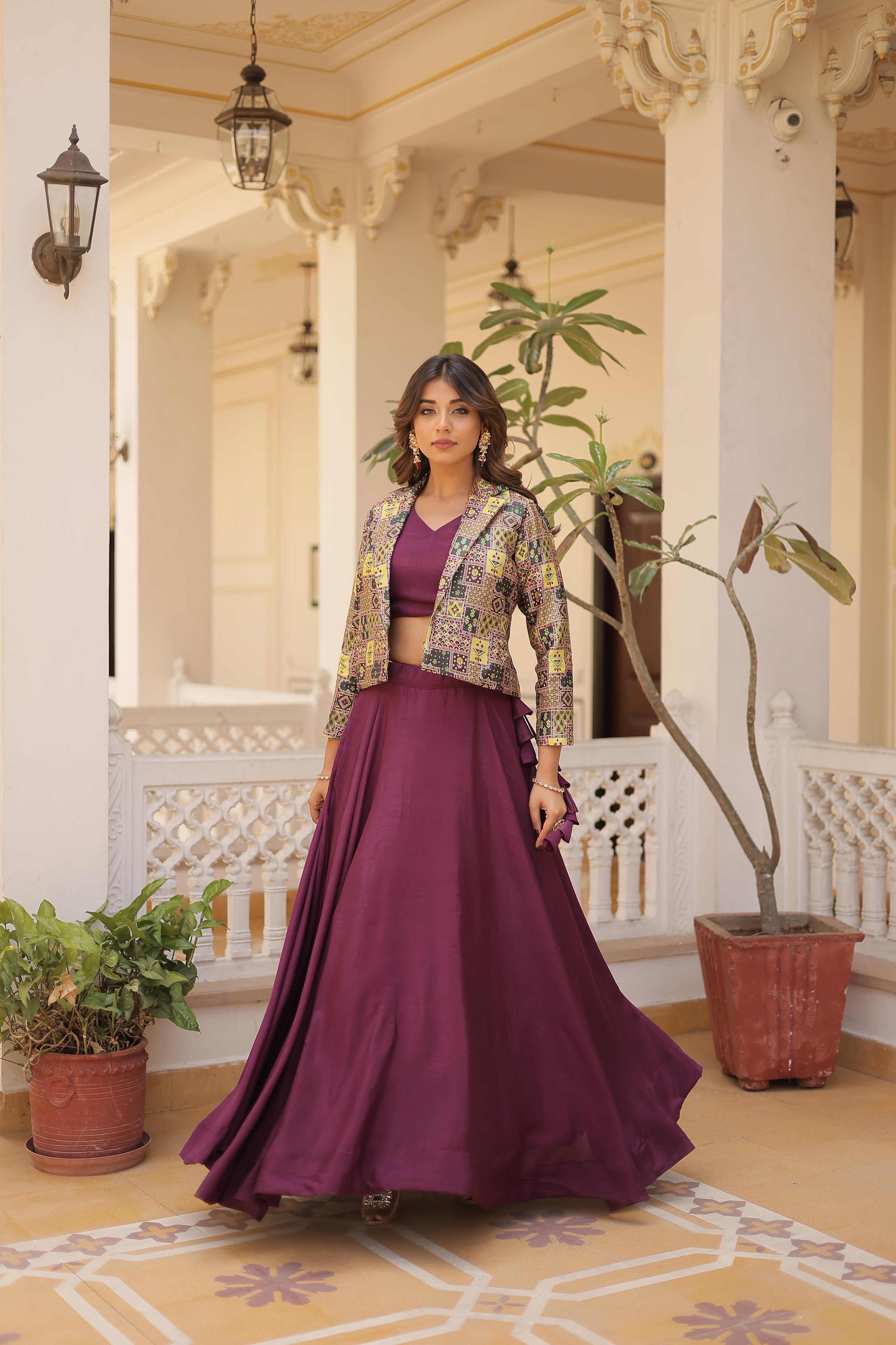 Lorenvalley Purple Premium Chinnon Lehenga Choli with Jacquard Woven Design Koti