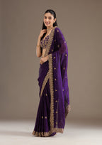 Lorenvalley Fashion Purple Fendi Satin with Embroidery Double Sequence Work Saree with Blouse