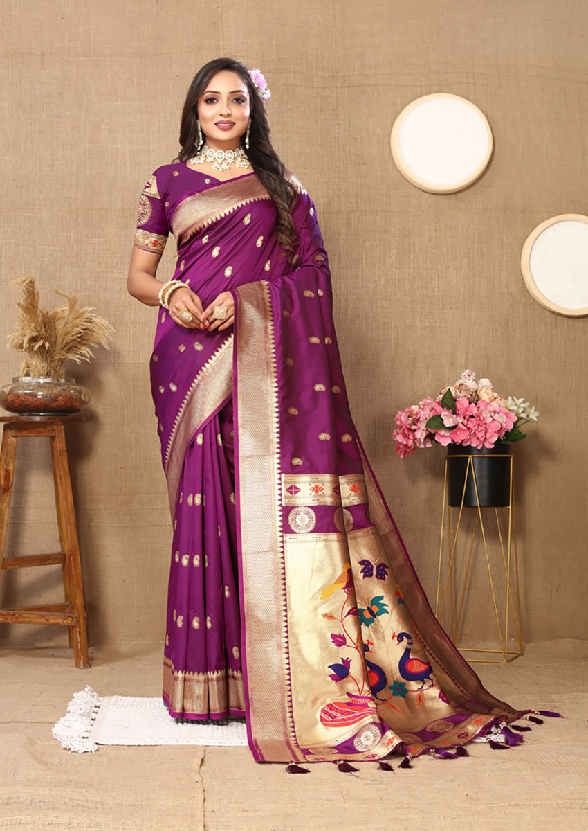Lorenvalley Fashion Purple Soft Paithani Silk Woven Design Rich Zari Meenakari Weaving Saree