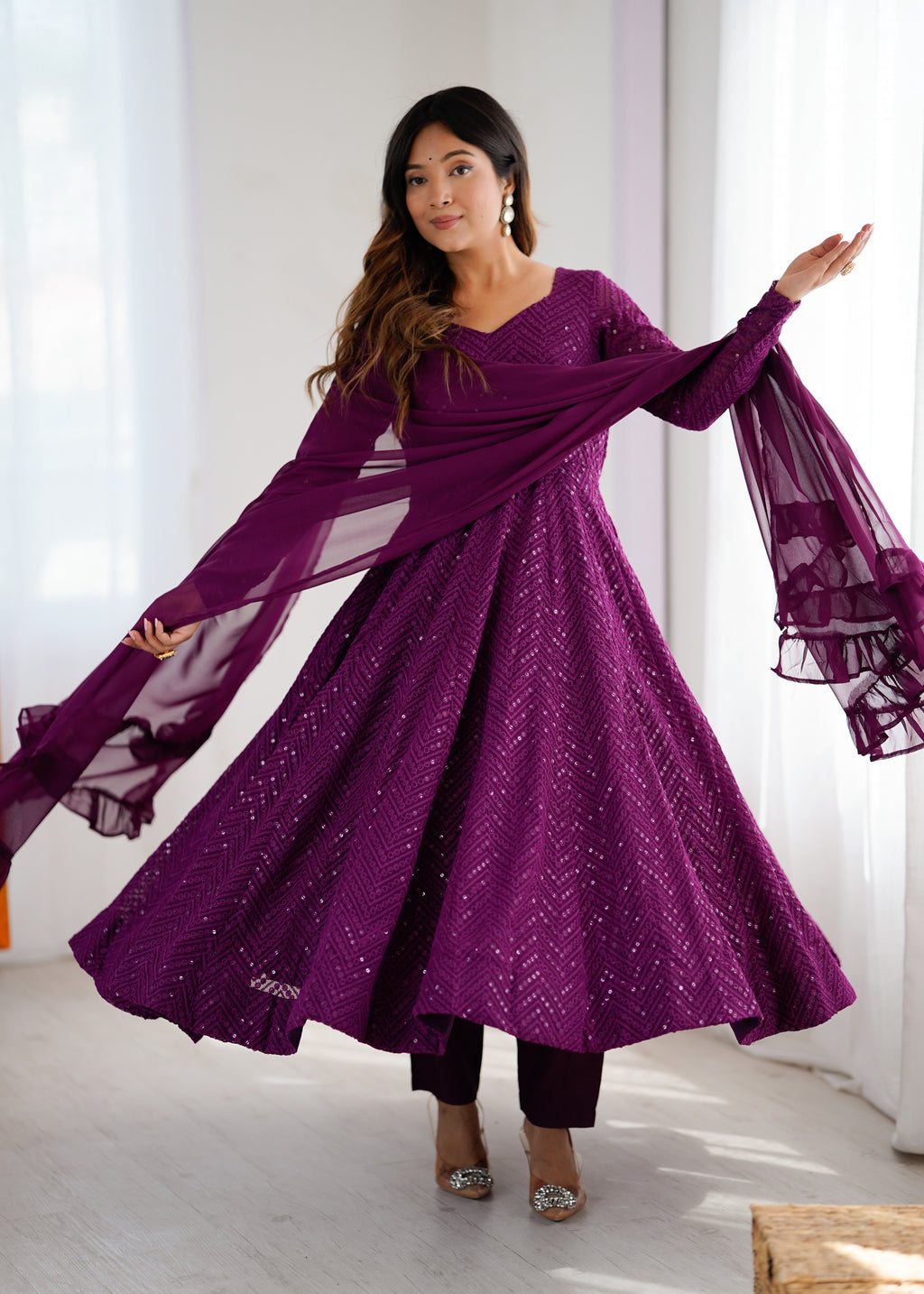 Lorenvalley Purple Faux Georgette Lukhnowi Sequence Work Anarkali Kurta Pant With Dupatta Set