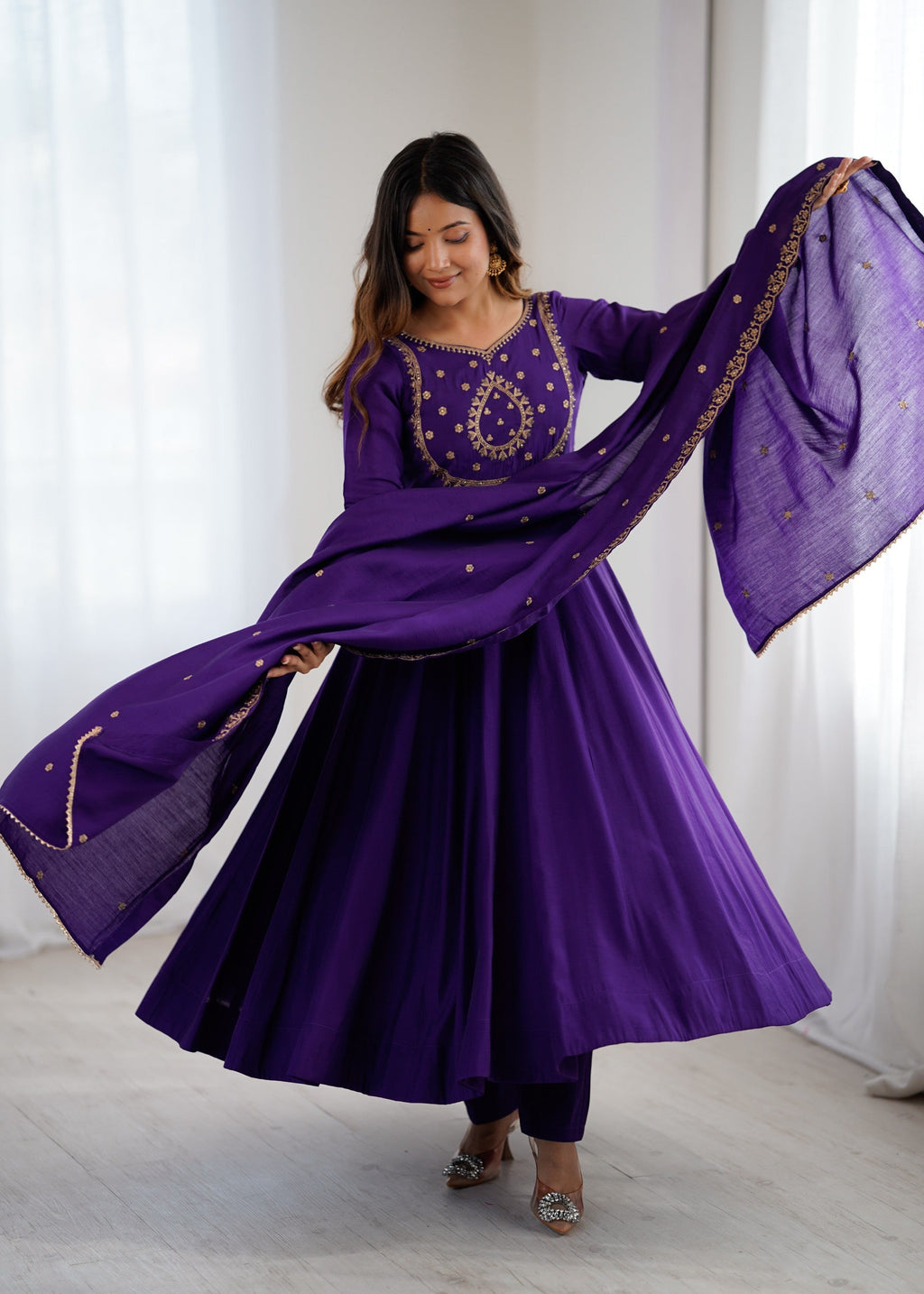 Lorenvalley Fashion Purple Roman Chanderi Silk Handwork Beads Work Anarkali Pant with Dupatta - Distacart