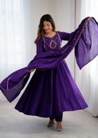 Lorenvalley Fashion Purple Roman Chanderi Silk Handwork Beads Work Anarkali Pant with Dupatta - Distacart