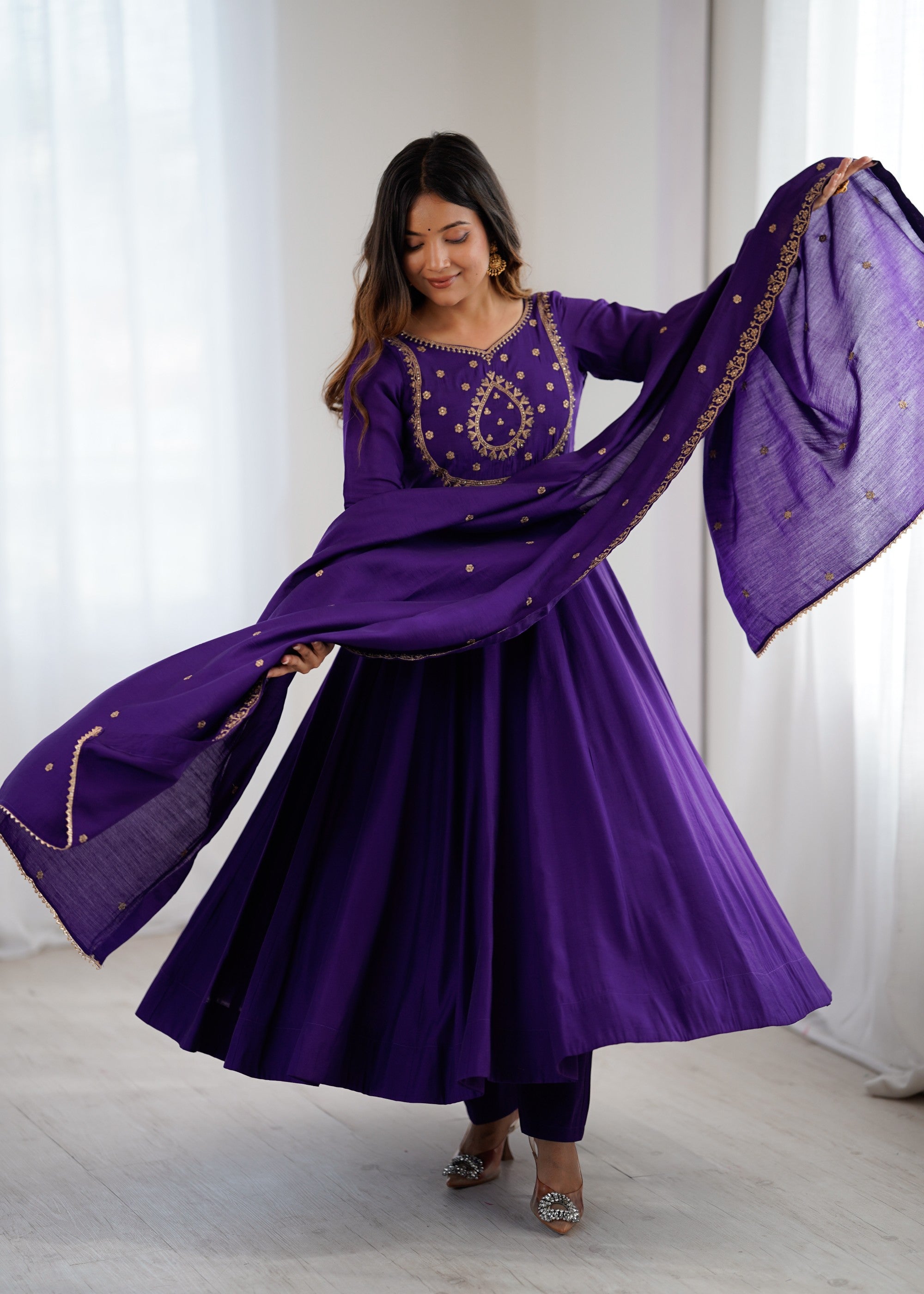 Lorenvalley Fashion Purple Roman Chanderi Silk Handwork Beads Work Anarkali Pant with Dupatta - Distacart
