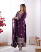 Lorenvalley Purple Chinon Silk Embroidery Sequence and Jari Work Kurta Trousers with Dupatta Set - Distacart