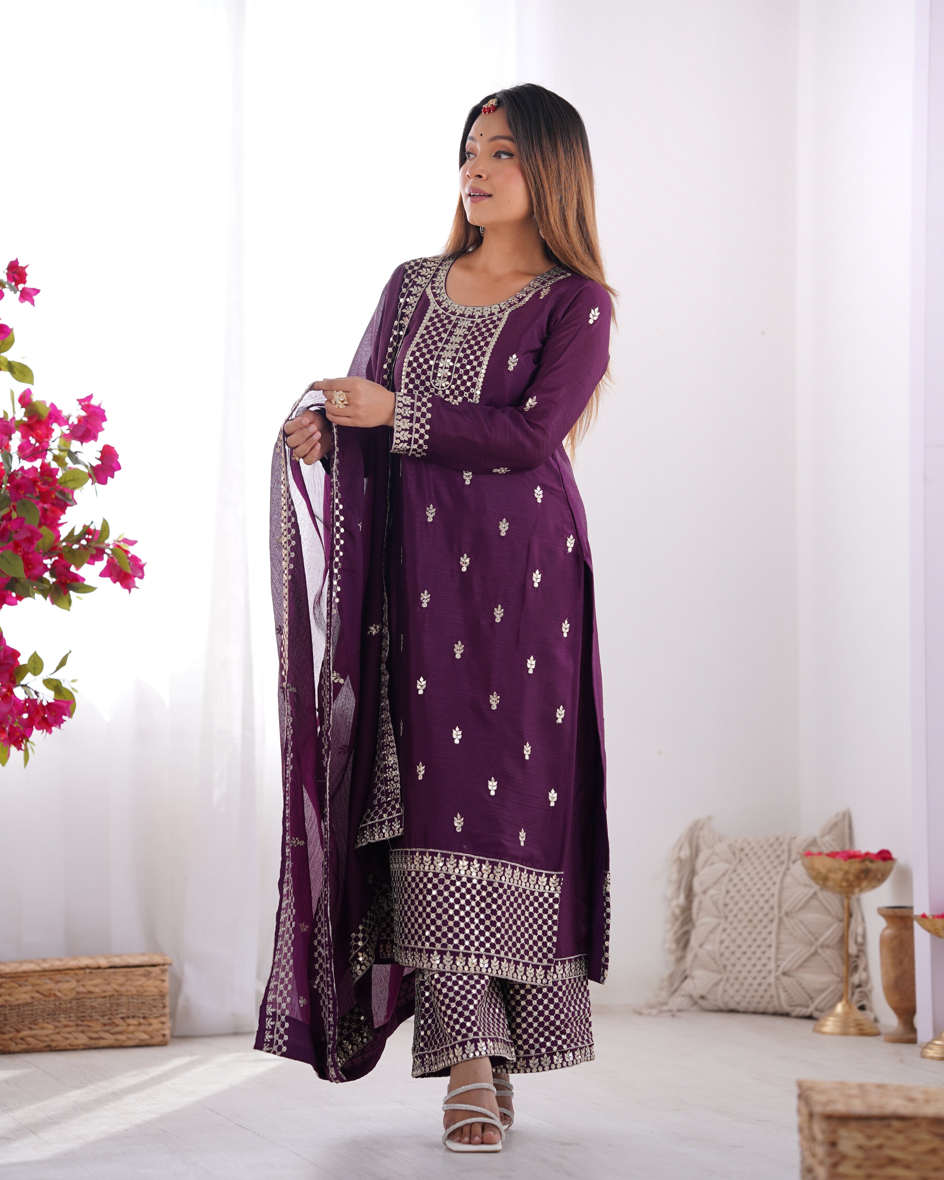 Lorenvalley Purple Chinon Silk Embroidery Sequence and Jari Work Kurta Trousers with Dupatta Set - Distacart