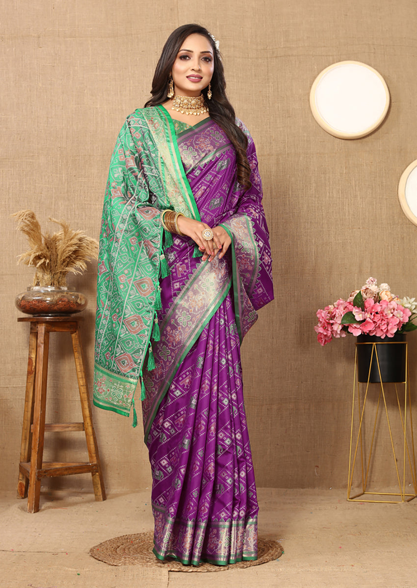 Lorenvalley Fashion Purple Patola Silk Woven Design with Zari Meenakari Weaving motifs Pallu Saree
