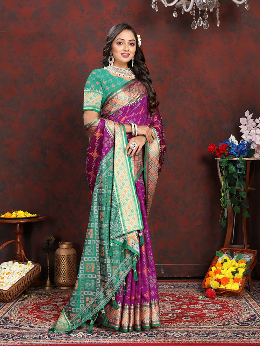 Lorenvalley Fashion Purple Patola Silk Woven Design with Zari Meenakari Weaving motifs Pallu Saree