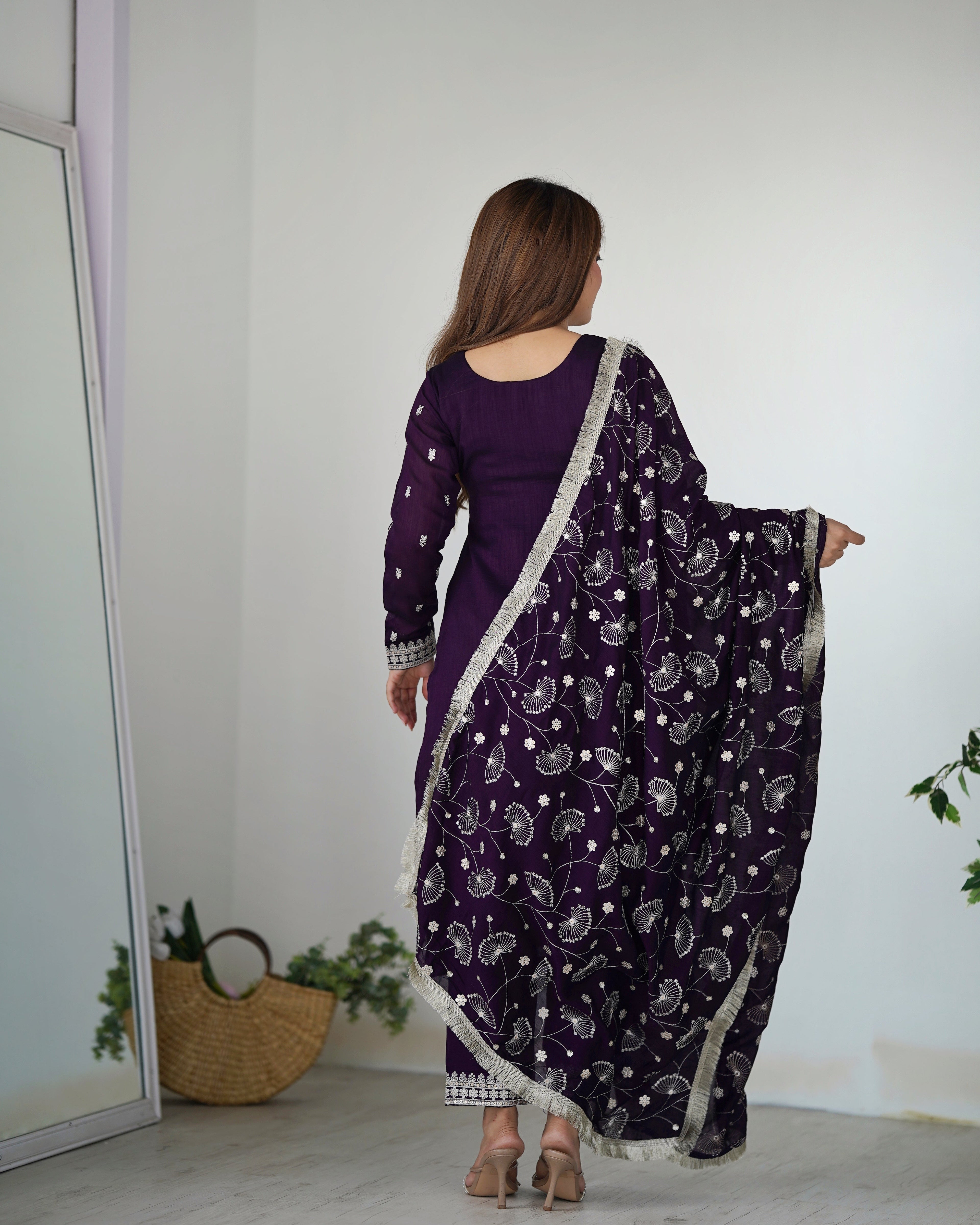 Lorenvalley Purple Rangoli Silk Embroidery Sequence and Jari Work Kurta Trousers with Dupatta Set - Distacart