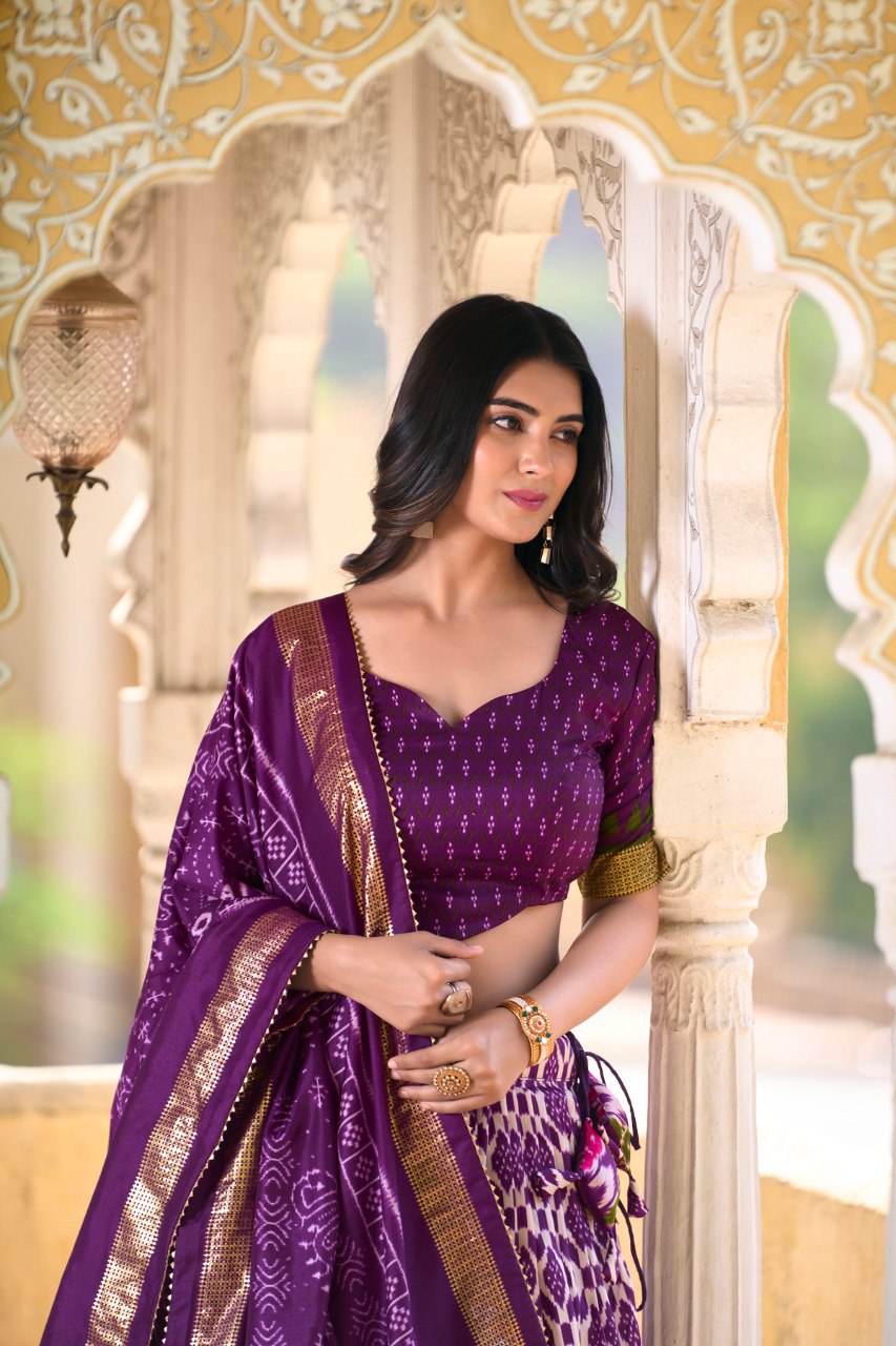 Lorenvalley Purple Tussar Silk Ikkat Print With Foil Work Lehenga Choli with Dupatta