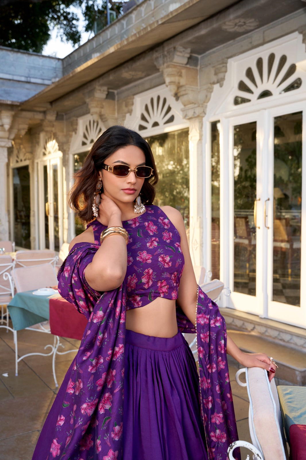 Lorenvalley Purple Tussar Silk Floral Print With Foil Work Lehenga Choli with Dupatta