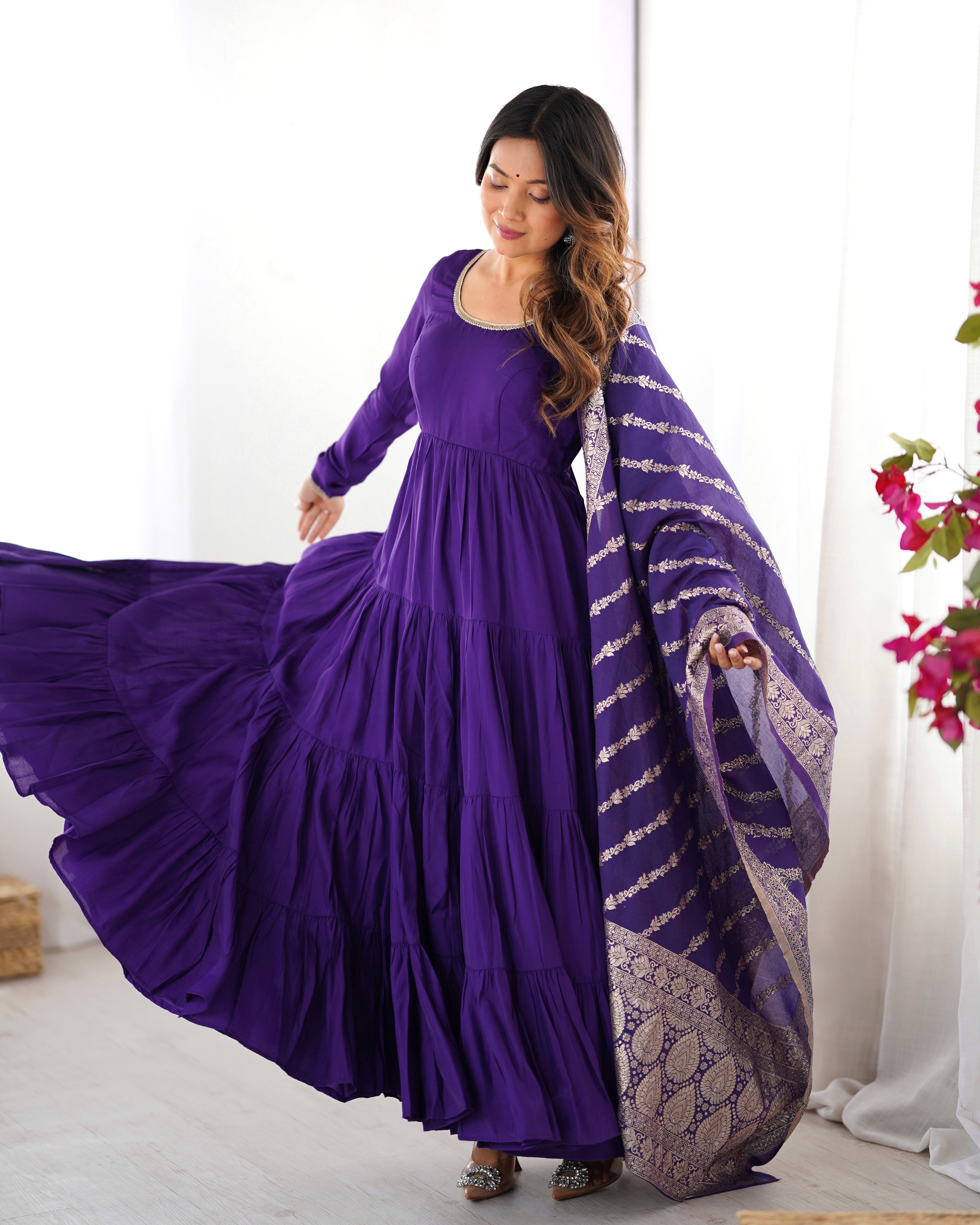 Lorenvalley Women Pure Roman silk Chanderi Fabric Layer Gathering Anarkali Kurta Pant With Dupatta Set