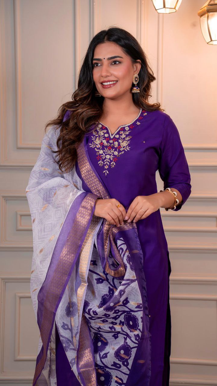 Lorenvalley Fashion Purple Roman Silk Hand Work Kurta Pant with Dupatta - Distacart