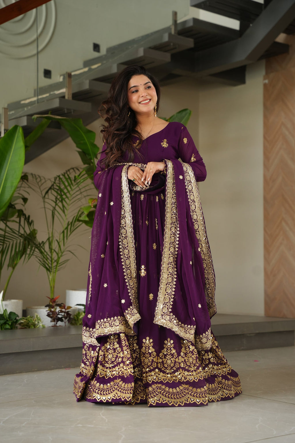 Lorenvalley Fashion Purple Faux Georgette with Zari & Sequins Embroidered Work Anarkali Gown with Dupatta - Distacart