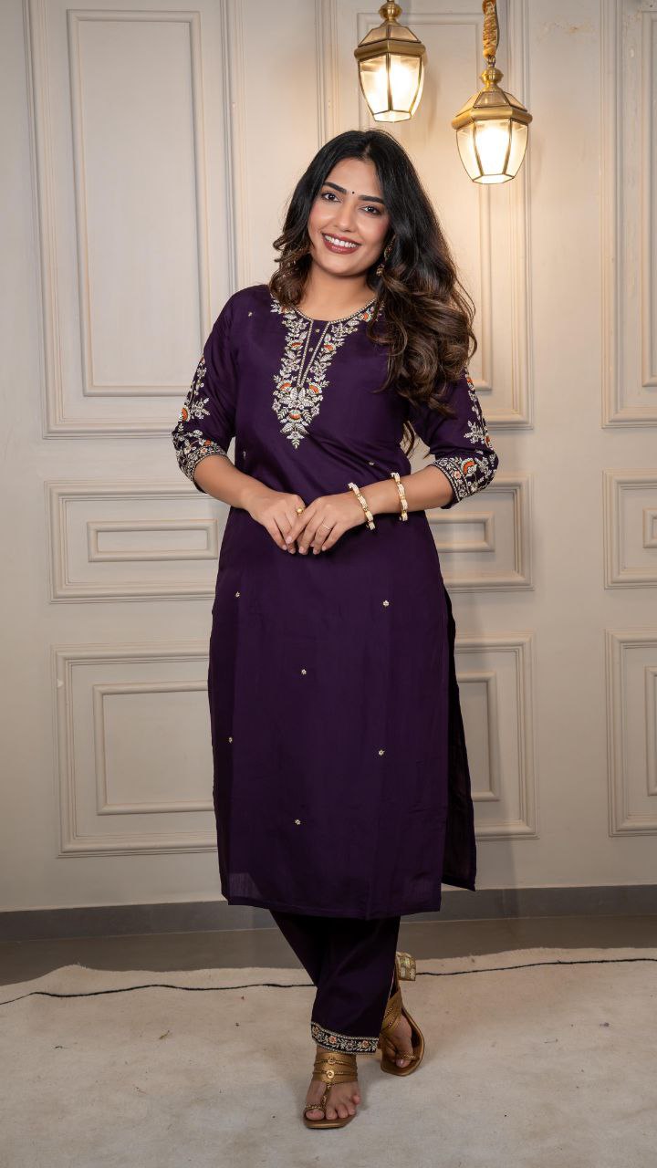 Lorenvalley Fashion Purple Roman Silk Embroidery Multi Work Kurta Pant with Dupatta - Distacart