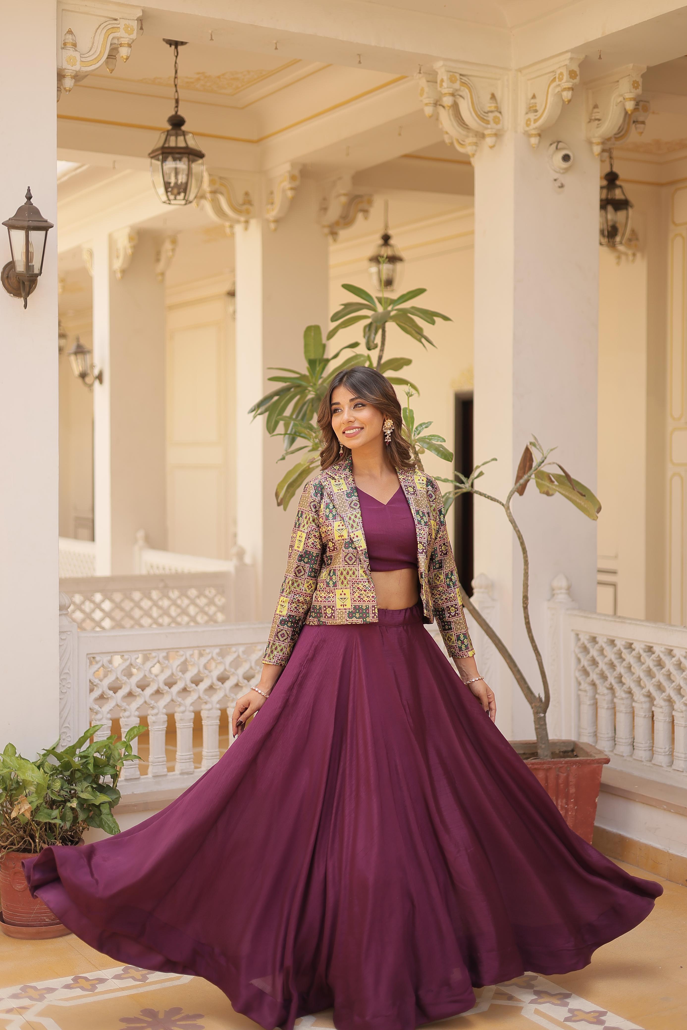 Lorenvalley Purple Premium Chinnon Lehenga Choli with Jacquard Woven Design Koti