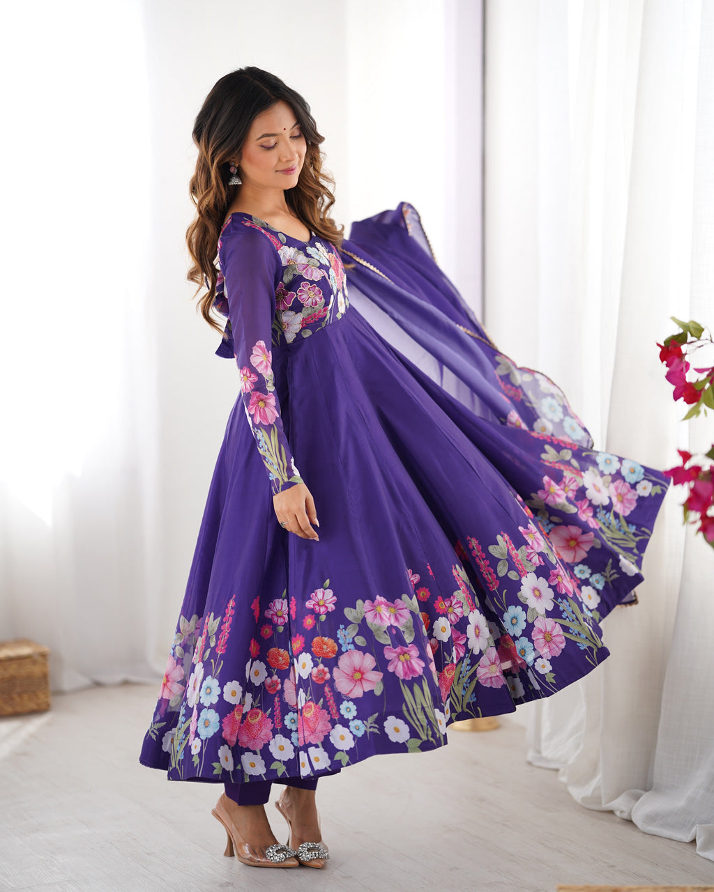 Lorenvalley Purple Soft Organza Silk With Floral Print Fully Flared Anarkali Pant With Dupatta Set
