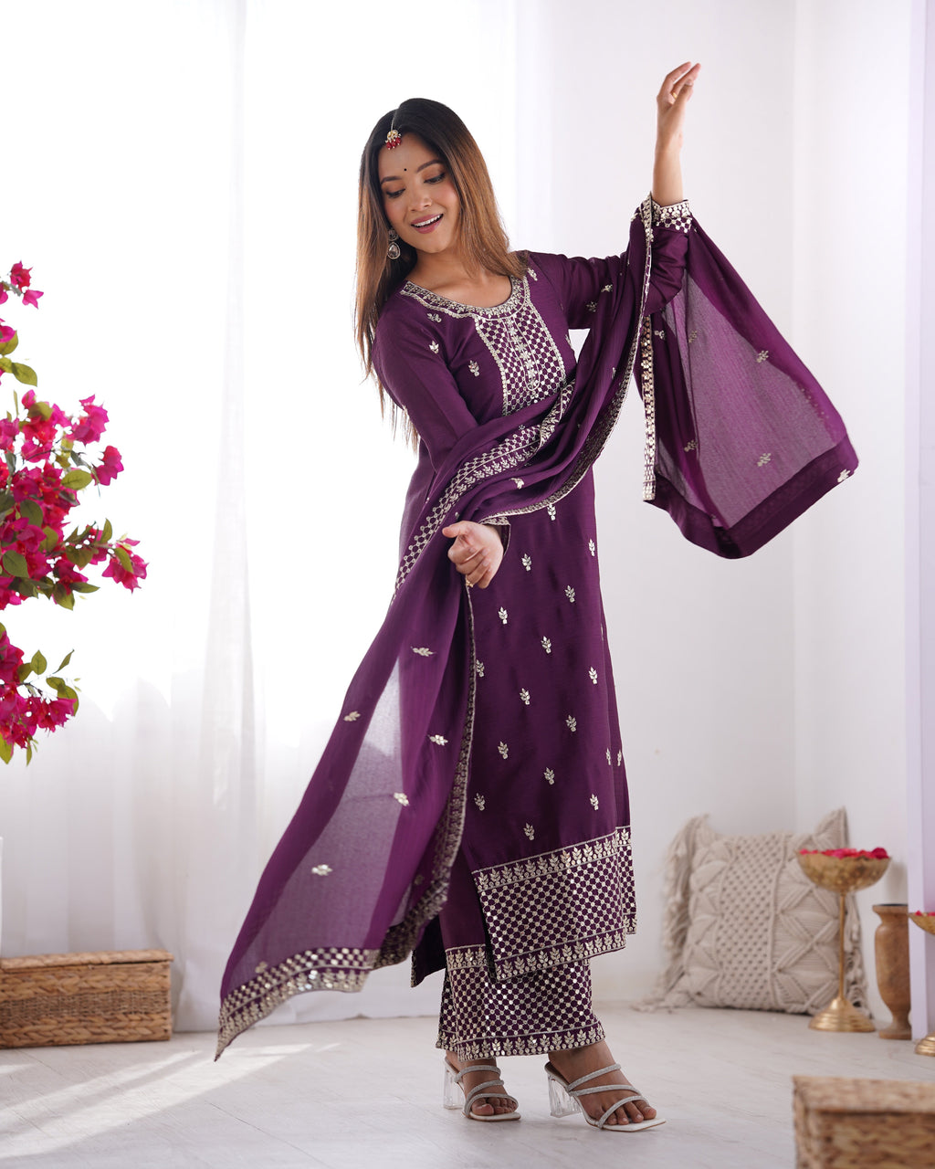 Lorenvalley Purple Chinon Silk Embroidery Sequence and Jari Work Kurta Trousers with Dupatta Set - Distacart