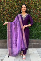 Lorenvalley Fashion Purple Roman Silk Hand Work Kurta Pant with Dupatta - Distacart