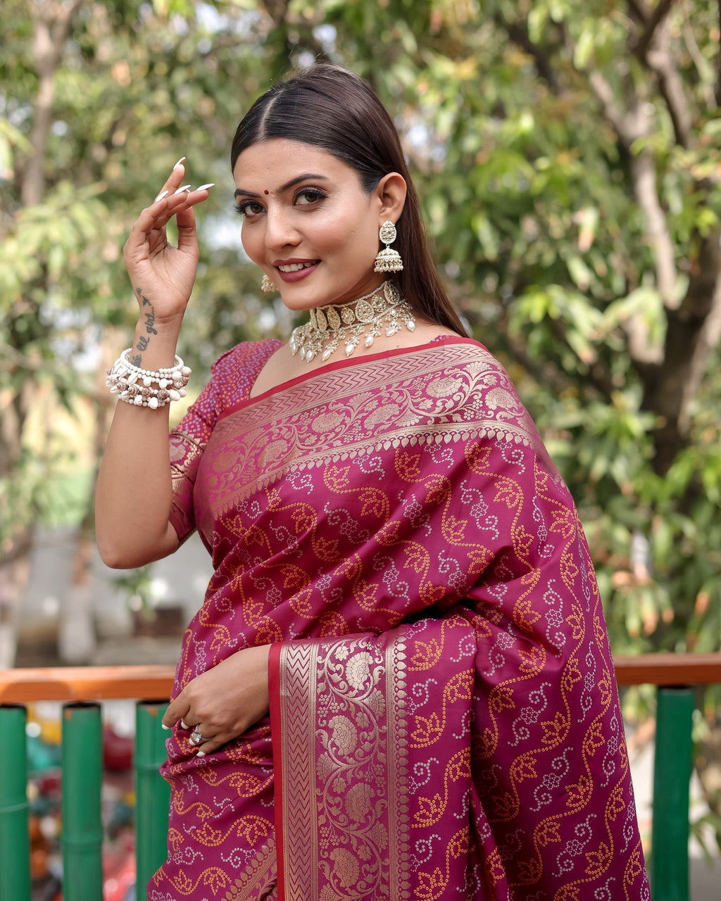 Lorenvalley Premium Bandhej Patola Silk Sarees with kanchi Borders and Contrast Zari Weaving borders Saree - Purple