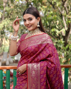 Lorenvalley Premium Bandhej Patola Silk Sarees with kanchi Borders and Contrast Zari Weaving borders Saree - Purple