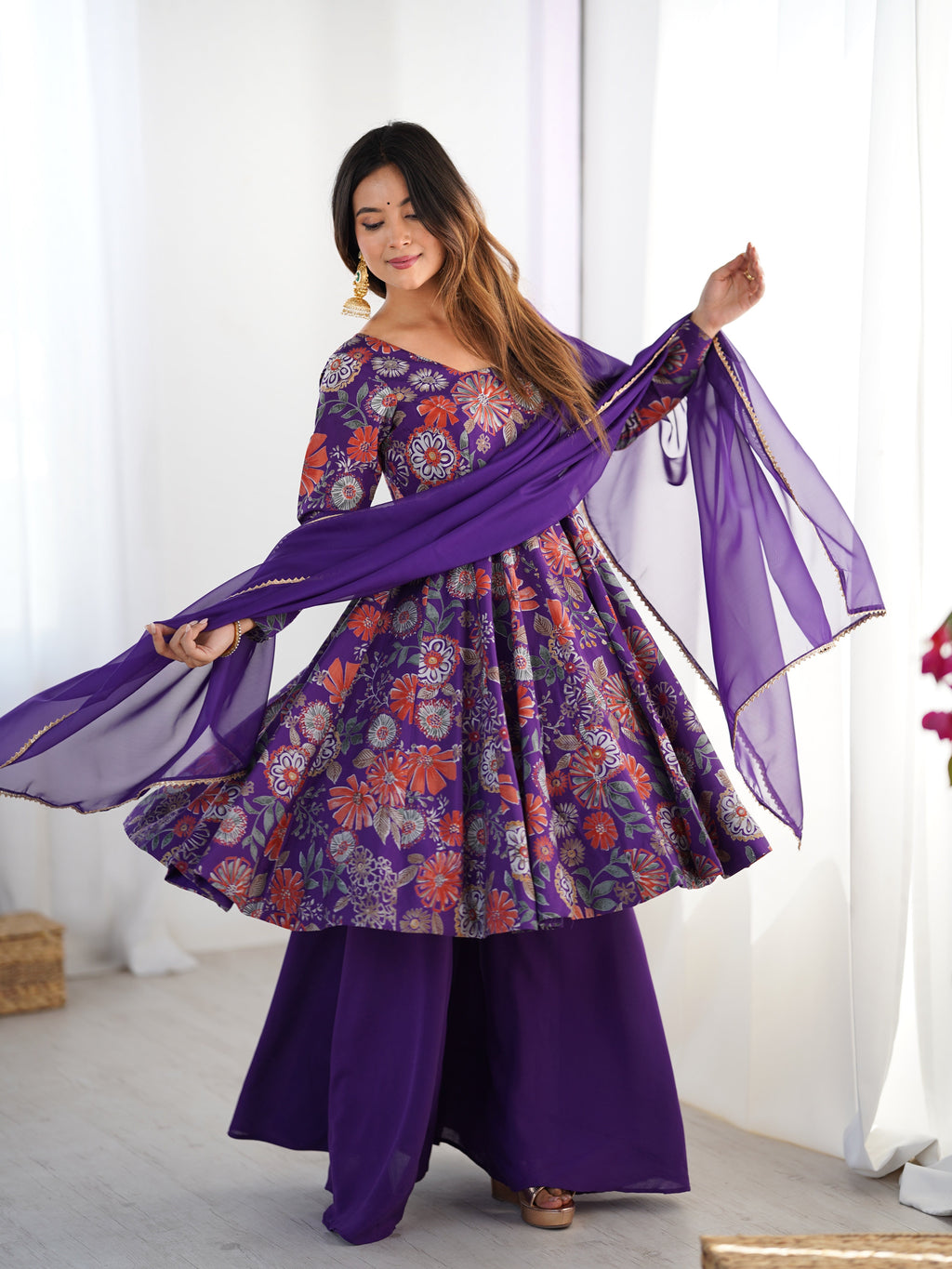 Lorenvalley Women Pure Soft Roman silk Chanderi Discharge Print Fabric Kediya Kurta Palazzo with Dupatta Set