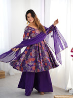 Lorenvalley Women Pure Soft Roman silk Chanderi Discharge Print Fabric Kediya Kurta Palazzo with Dupatta Set