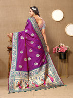 Lorenvalley Fashion Purple Soft Paithani Silk Woven Design Rich Meenakari Zari Weaving Pallu Saree