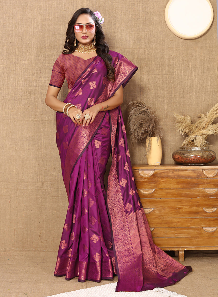 Lorenvalley Fashion Purple Soft Katan Silk Woven Design Copper Zari Weaving Saree
