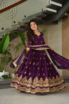 Lorenvalley Fashion Purple Faux Georgette with Zari & Sequins Embroidered Work Anarkali Gown with Dupatta - Distacart