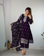 Lorenvalley Purple Rangoli Silk Embroidery Sequence and Jari Work Kurta Trousers with Dupatta Set - Distacart