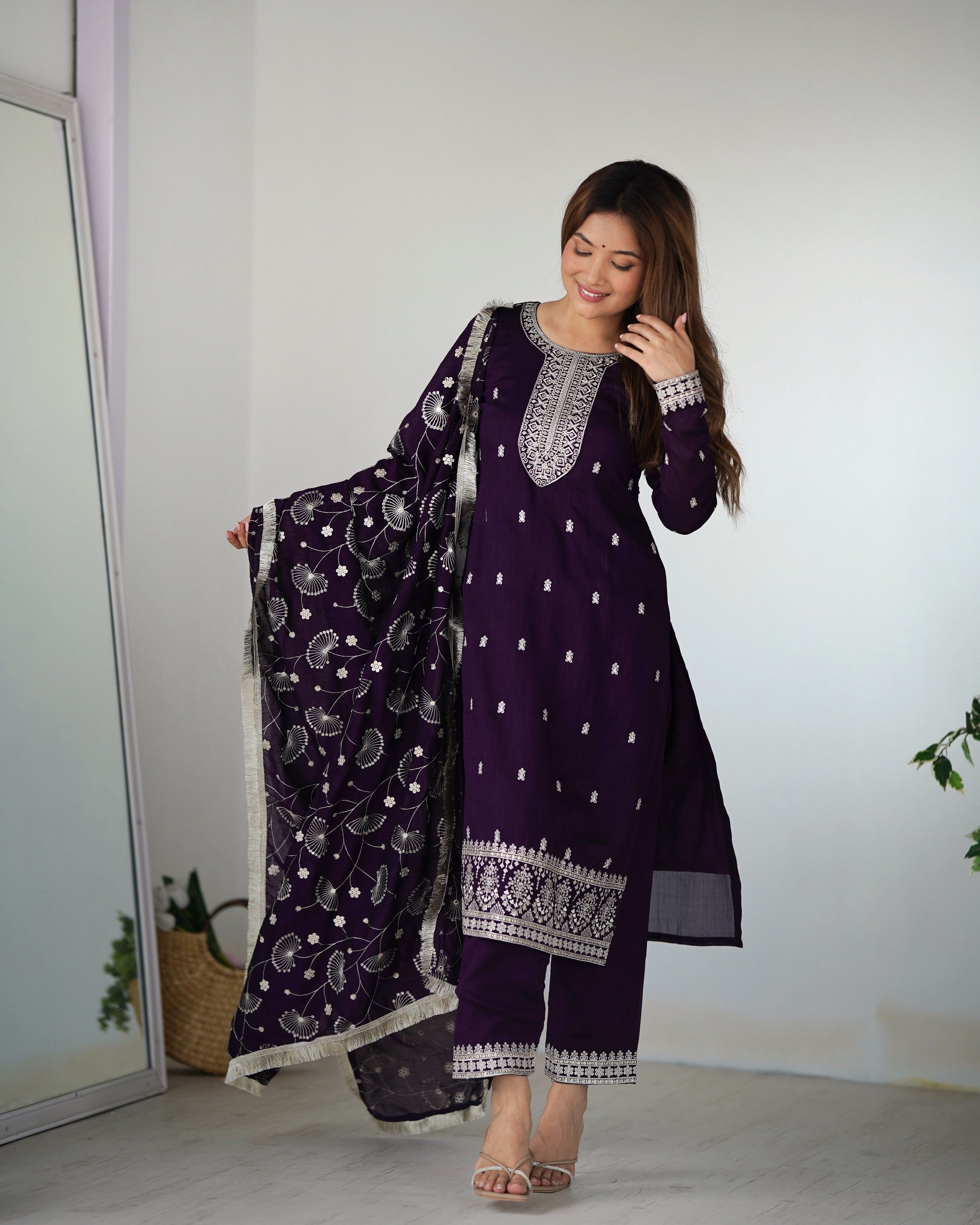 Lorenvalley Purple Rangoli Silk Embroidery Sequence and Jari Work Kurta Trousers with Dupatta Set - Distacart
