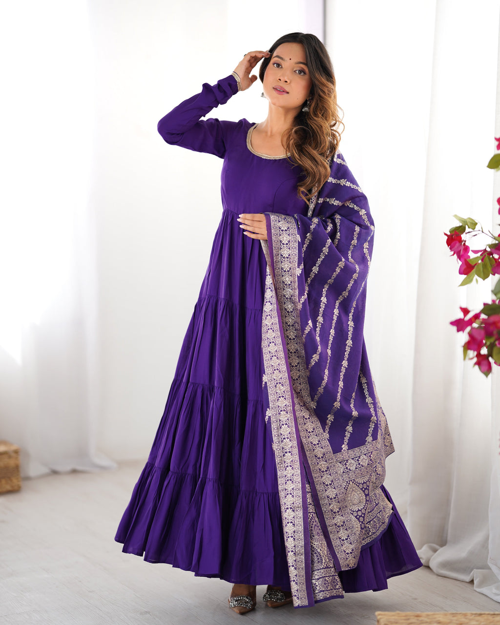 Lorenvalley Women Pure Roman silk Chanderi Fabric Layer Gathering Anarkali Kurta Pant With Dupatta Set