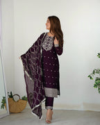 Lorenvalley Wine Rangoli Silk Embroidery Sequence And Thread Work Kurta Trousers with Dupatta Set