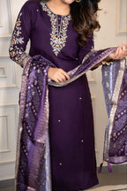 Lorenvalley Fashion Purple Roman Silk Embroidery Multi Work Kurta Pant with Dupatta - Distacart